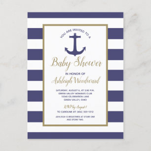 Invitation Carte Postale Ancre nautique Baby shower de garçon rayé bleu mar