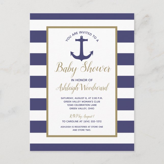 Invitation Carte Postale Ancre nautique Baby shower de garçon rayé bleu mar (Devant)