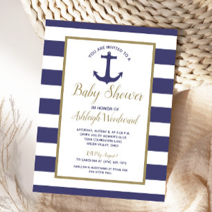 Invitation Carte Postale Ancre nautique Baby shower de garçon rayé bleu mar