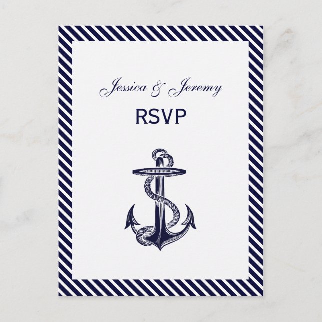 Invitation Carte Postale Ancre nautique Diag Stripe 2 RSVP 1 (Devant)