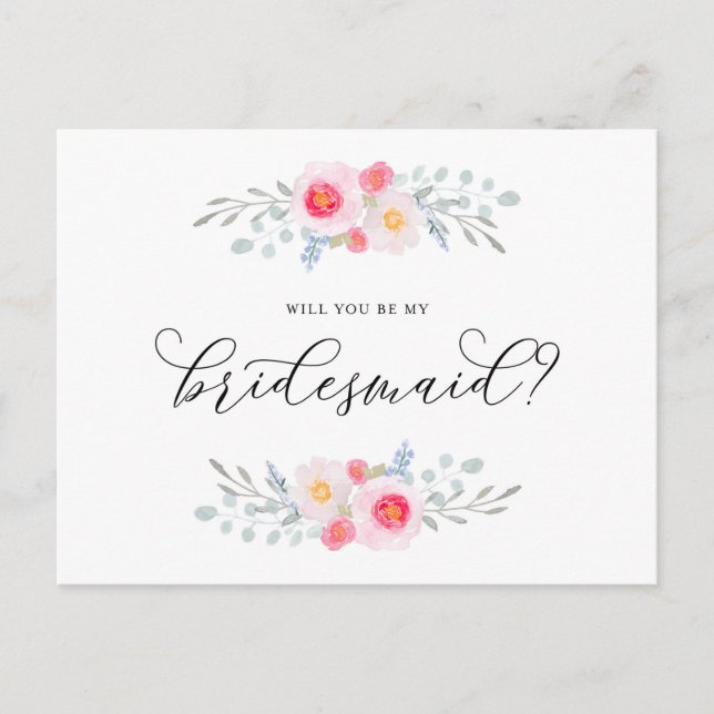 Invitation Carte Postale Anémones roses à l'aquarelle Veux-tu être ma demoi (Devant)