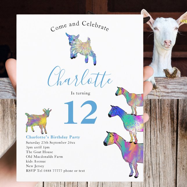 Invitation Carte Postale Animaux de la ferme de chèvres 12e fête d'annivers (Cute goats colorful farm animal watercolor art 12th birthday party budget invitation )