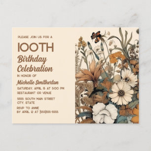 Invitation Carte Postale Anniversaire 100 ans Floral Crème Marron Rustique
