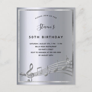 Invitation Carte Postale Anniversaire argent musique métal notes