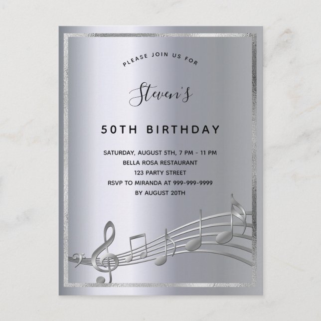 Invitation Carte Postale Anniversaire argent musique métal notes (Devant)