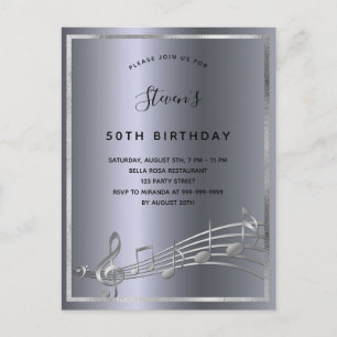 Invitation Carte Postale Anniversaire argent musique métallique notes
