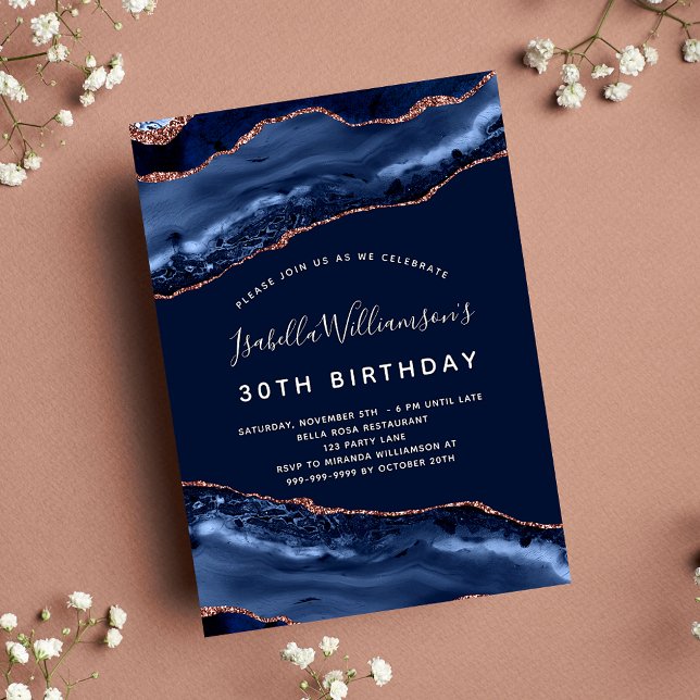 Invitation Carte Postale Anniversaire bleu agate marbre rose or (Créateur téléchargé)