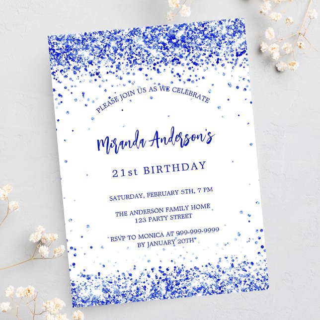 Invitation Carte Postale Anniversaire bleu royal blanc élégant (Créateur téléchargé)