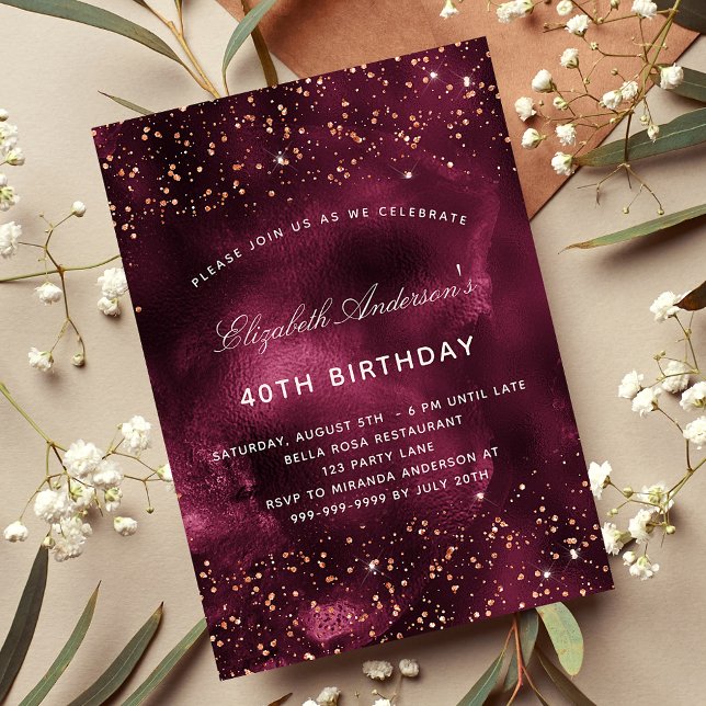 Invitation Carte Postale Anniversaire bourgogne rose or agate élégant (Créateur téléchargé)