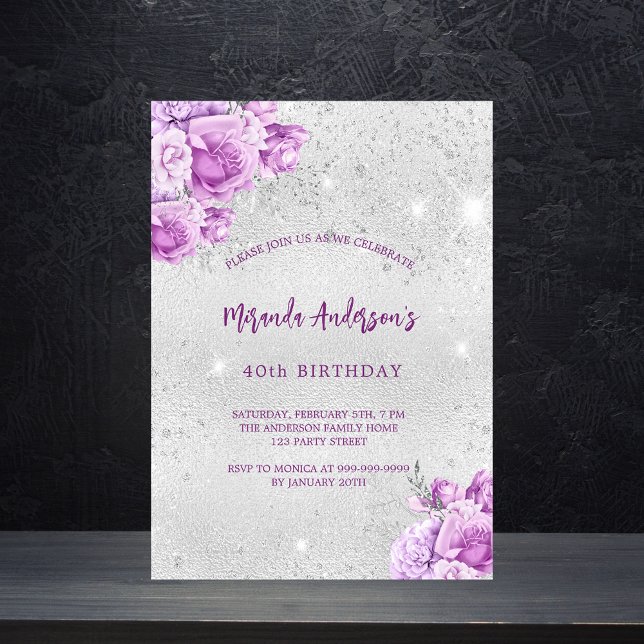 Invitation Carte Postale Anniversaire de fleurs violet rose argent (Créateur téléchargé)
