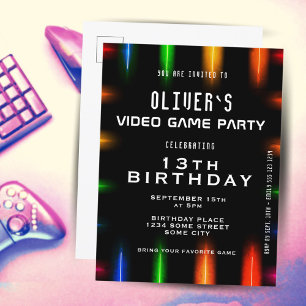 Invitation Carte Postale Anniversaire de jeu vidéo néon couleur 