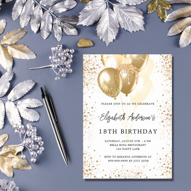 Invitation Carte Postale Anniversaire de la fête blanche or parties scintil (Créateur téléchargé)