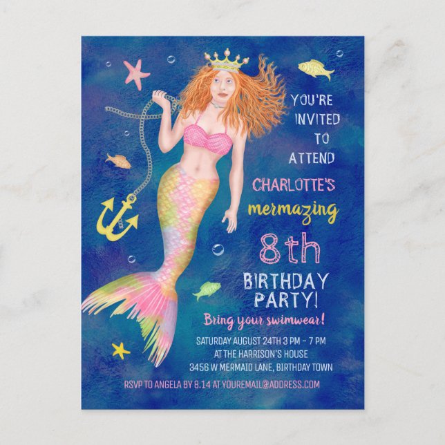 Invitation Carte Postale Anniversaire de la sirène sous le Sea Redhead Pool (Devant)