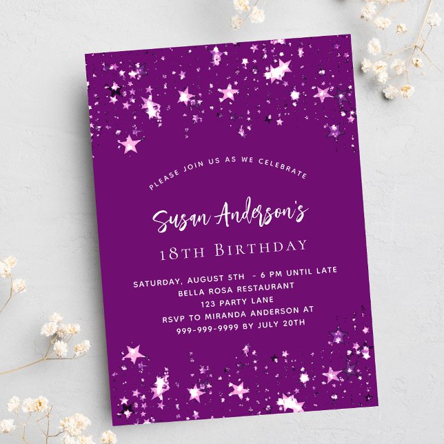 Invitation Carte Postale Anniversaire des étoiles violettes (Créateur téléchargé)