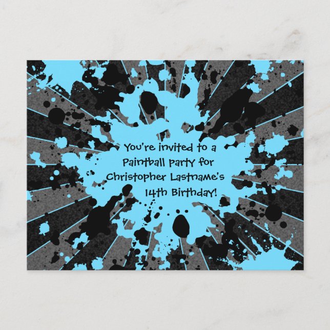 Invitation Carte Postale Anniversaire du paintball bleu (Devant)
