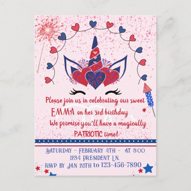 Invitation Carte Postale Anniversaire du patriote étincelant de Unicorn, (Devant)