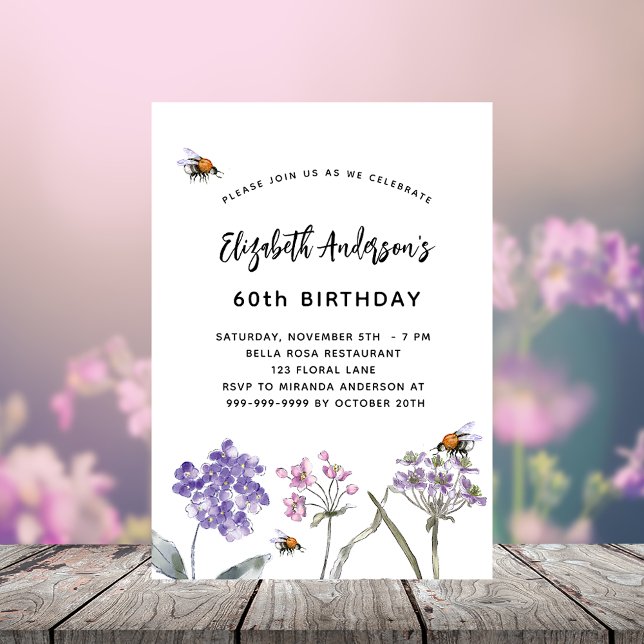 Invitation Carte Postale Anniversaire fleur sauvage violet abeilles roses (Créateur téléchargé)