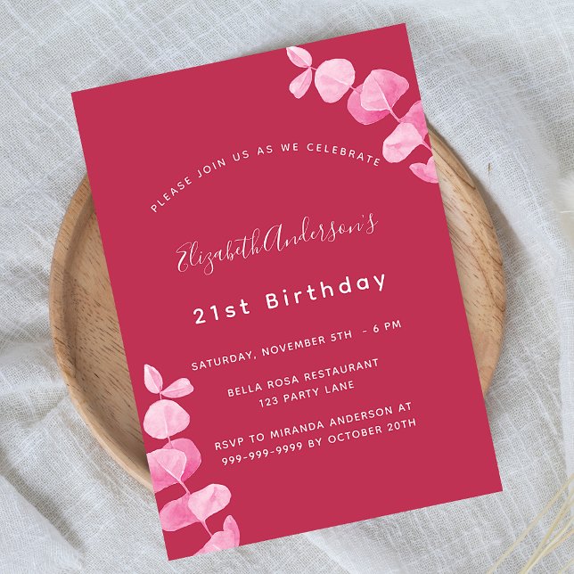 Invitation Carte Postale Anniversaire magenta blanc eucalyptus (Créateur téléchargé)