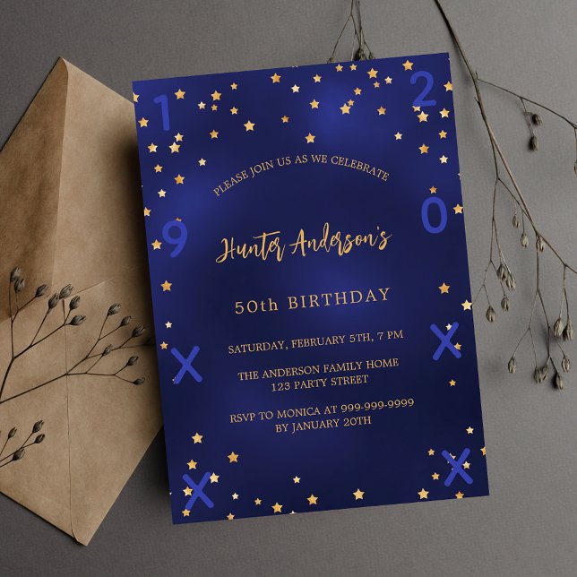 Invitation Carte Postale Anniversaire marine bleu or étoiles année de naiss (Créateur téléchargé)