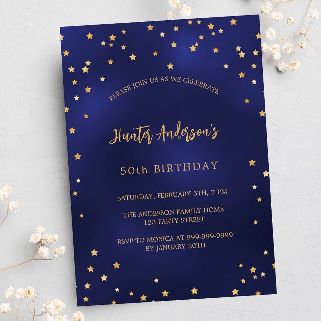 Invitation Carte Postale Anniversaire marine bleu or stars fête (Créateur téléchargé)