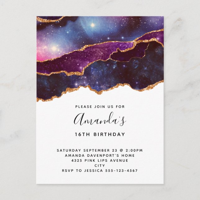 Invitation Carte Postale Anniversaire Moderne Espace Bleu & Violet & Étoile (Devant)
