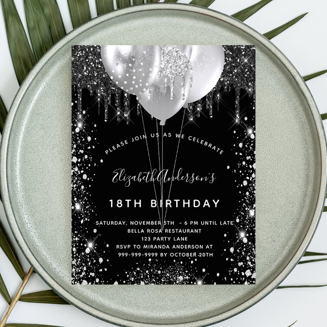 Invitation Carte Postale Anniversaire noir argent parties scintillant ballo (Créateur téléchargé)