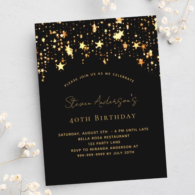 Invitation Carte Postale Anniversaire noir étoiles d'or soirée élégante (Créateur téléchargé)