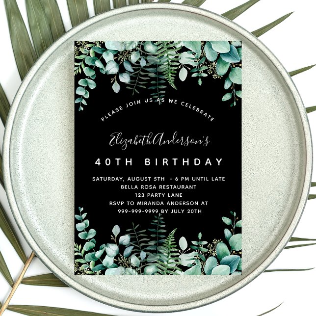 Invitation Carte Postale Anniversaire noir eucalyptus verdure bois (Créateur téléchargé)