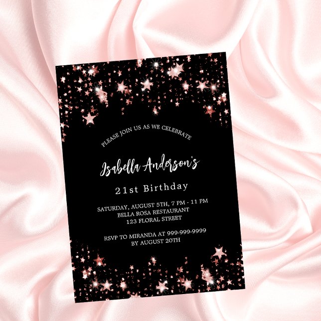 Invitation Carte Postale Anniversaire noir rose étoiles or (Créateur téléchargé)