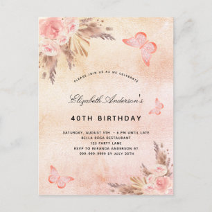 Invitation Carte Postale Anniversaire papillon pampas herbe blush boho