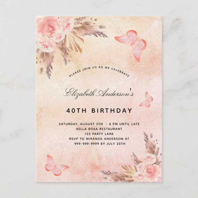 Invitation Carte Postale Anniversaire papillon pampas herbe blush boho (Devant)