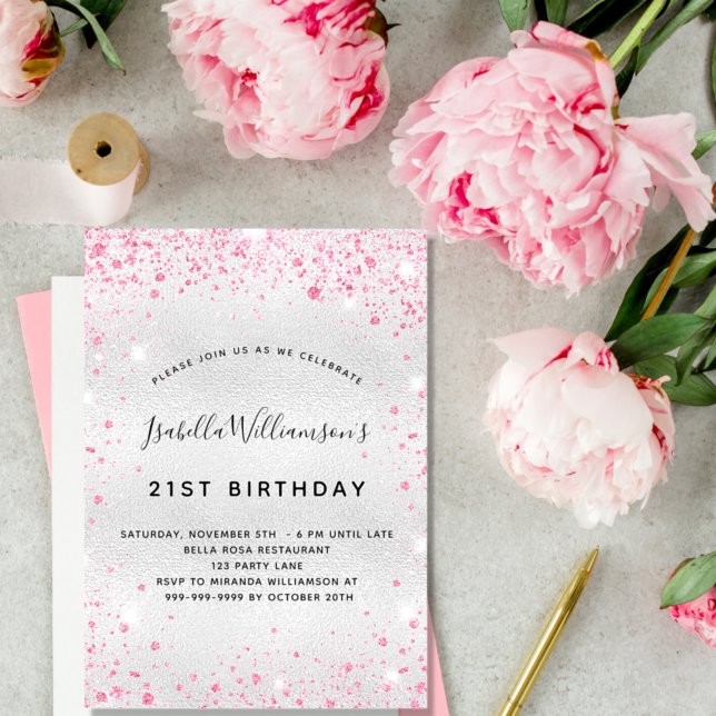 Invitation Carte Postale Anniversaire parties scintillant rose argent scint (Créateur téléchargé)