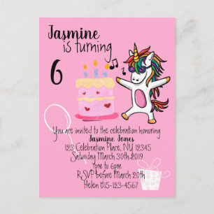 Invitation Carte Postale Anniversaire rose mignon Unicorn