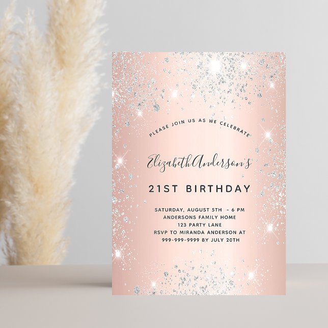 Invitation Carte Postale Anniversaire rose or argent parties scintillant él (Créateur téléchargé)