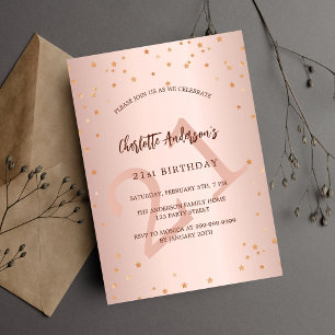 Invitation Carte Postale Anniversaire rose or étoiles âge élégant