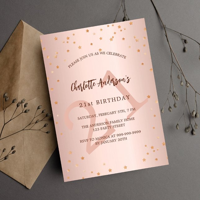 Invitation Carte Postale Anniversaire rose or étoiles âge élégant (Créateur téléchargé)