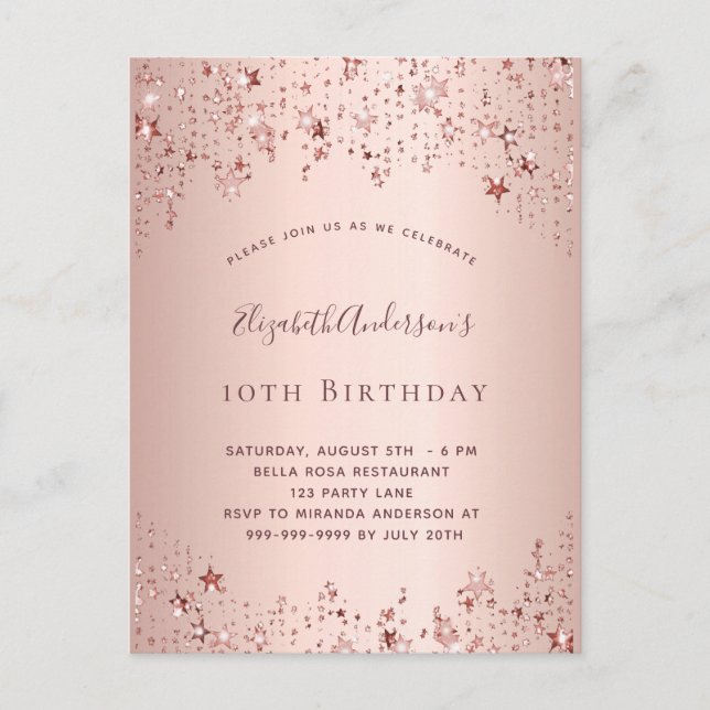 Invitation Carte Postale Anniversaire rose or étoiles princier girly (Devant)