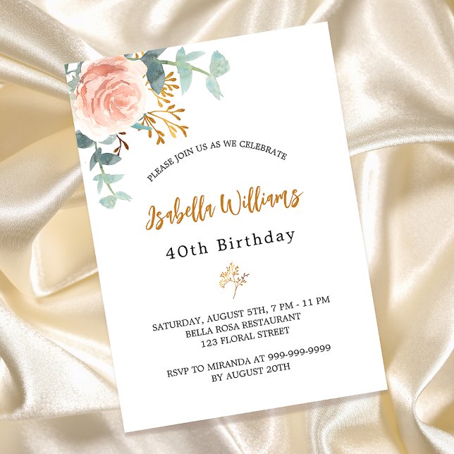 Invitation Carte Postale Anniversaire rose or fleuri eucalyptus verdure (Créateur téléchargé)