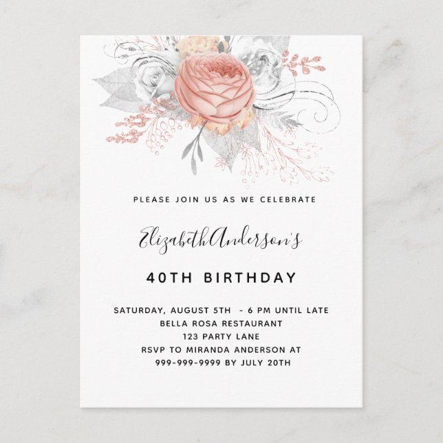 Invitation Carte Postale Anniversaire rose or floraux élégant blanc (Devant)