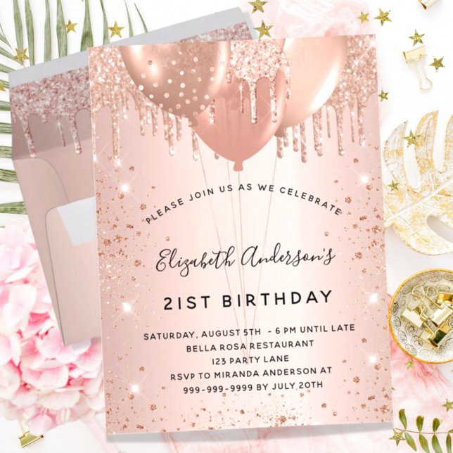 Invitation Carte Postale Anniversaire rose or parties scintillant largue ba (Créateur téléchargé)
