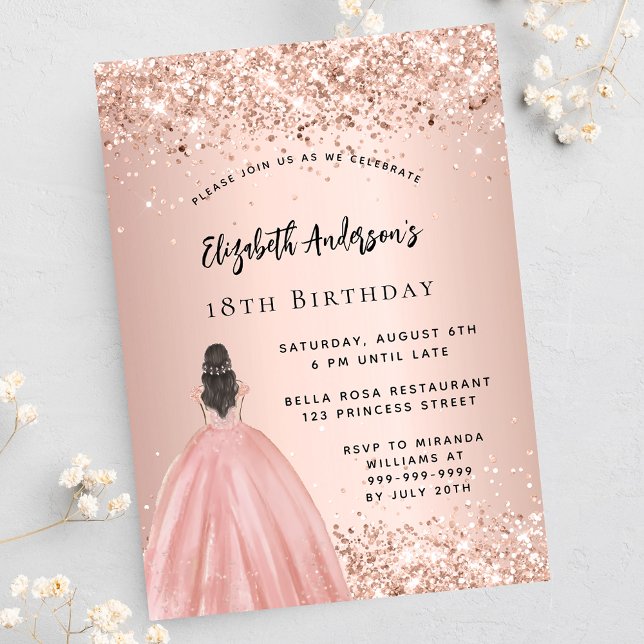 Invitation Carte Postale Anniversaire rose or parties scintillant robe prin (Créateur téléchargé)