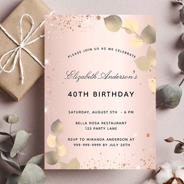 Invitation Carte Postale Anniversaire rose or rousse eucalyptus or (Créateur téléchargé)