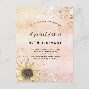 Invitation Carte Postale Anniversaire rose or rustique tournesol parties sc