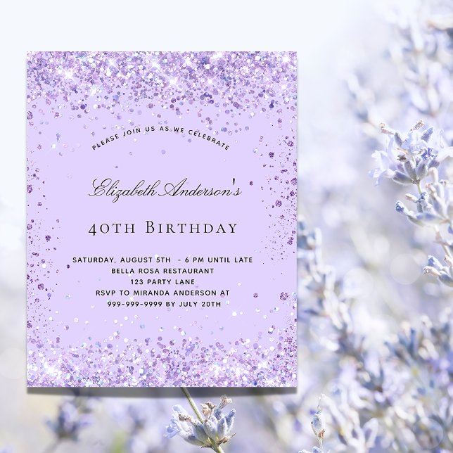 Invitation Carte Postale Anniversaire violet lavande parties scintillant sc (Créateur téléchargé)
