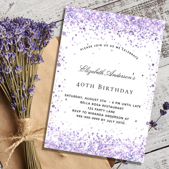 Invitation Carte Postale Anniversaire violet lavande parties scintillant sc (Créateur téléchargé)