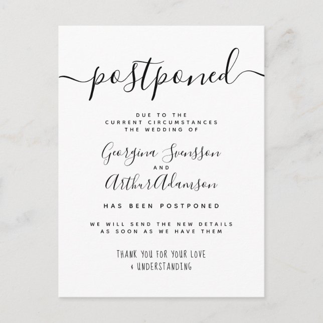 Invitation Carte Postale Annonce de report du mariage de Script Postponed (Devant)