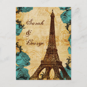 Invitation Carte Postale aqua tour eiffel vintage Paris mariage rsvp
