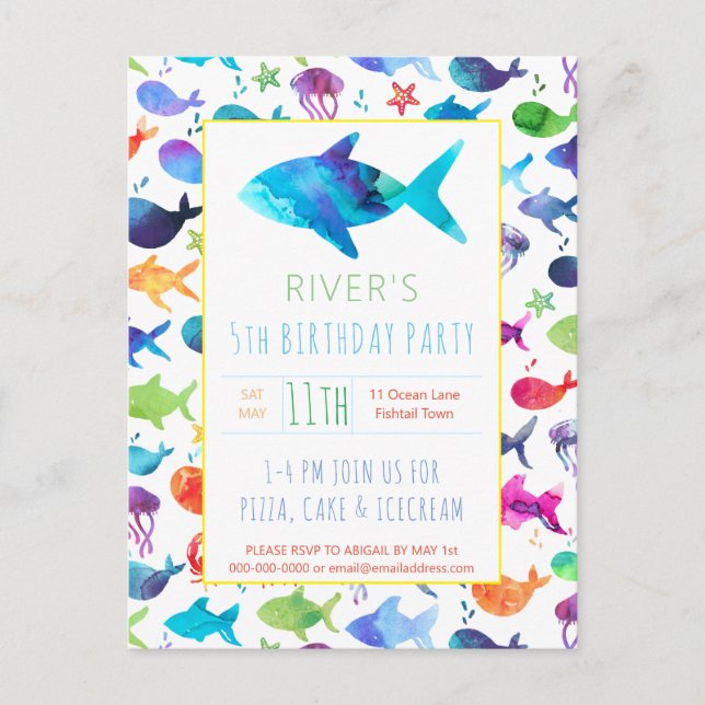 Invitation Carte Postale Aquarelle arc-en-ciel Poisson sous la mer Annivers (Devant)