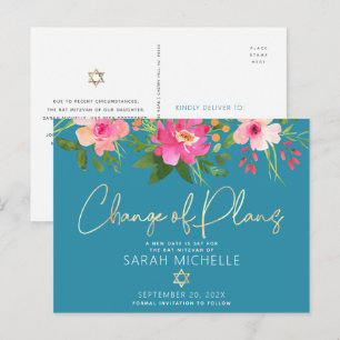 Invitation Carte Postale Aquarelle bat mitzvah Florale or Script bleu