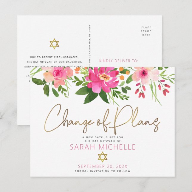 Invitation Carte Postale Aquarelle bat mitzvah rose Floral or Script (Devant / Derrière)